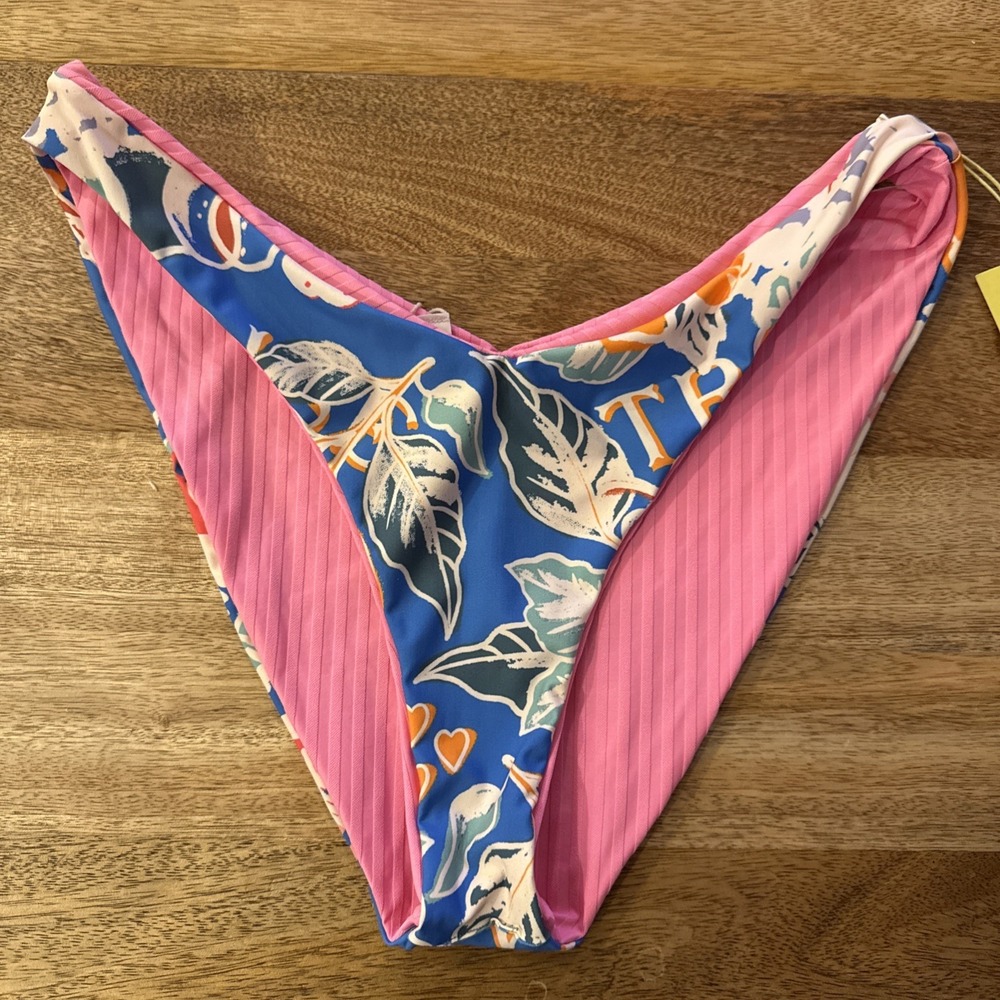 Maaji Women's Pink Solid/Tropical Floral Reversible Bikini Swim Bottom XL NWT